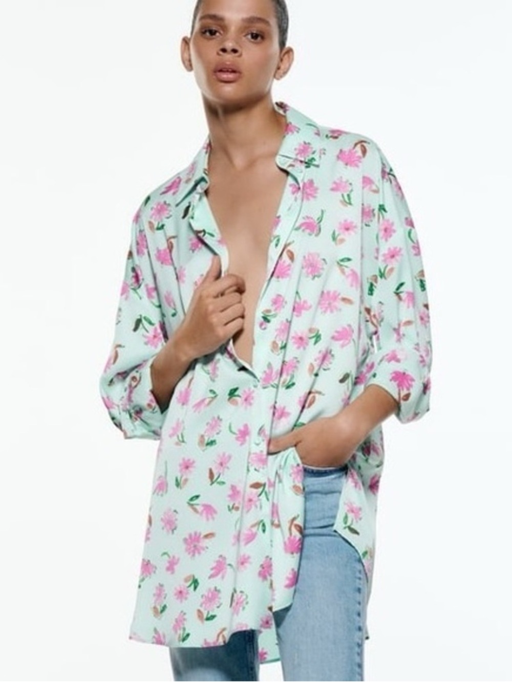 Zara Mint Green Floral Lightweight Shirt Jacket - Pink Floral Print